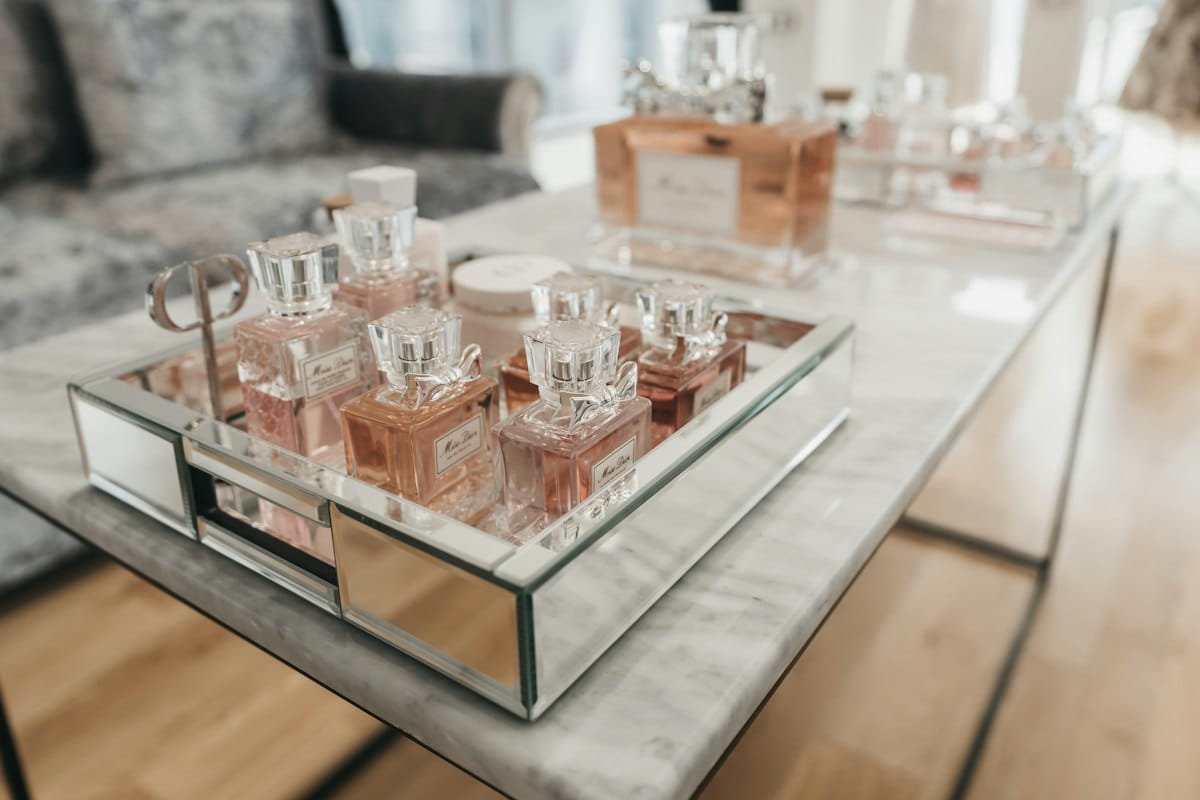 Clear glass bottles on a white table