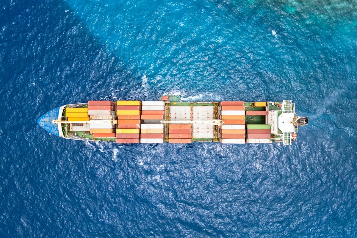 Aerial view of a container ship in the ocean